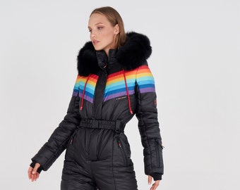 Womens Black Ski Suit with Rainbow Detail, Fur Hood, Last Size M