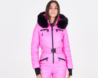 pink ski suit