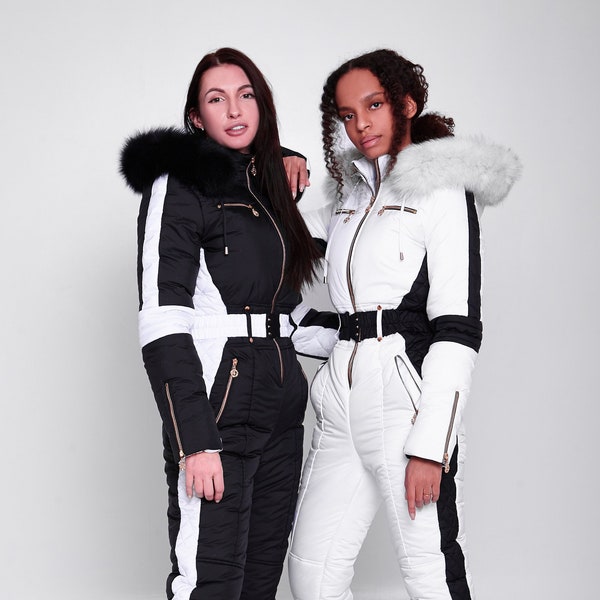 Womens snowsuit White womens ski suit Black ski suit  Warm jumpsuit women Winter activewear Gift for skier Sister birthday gift ideas