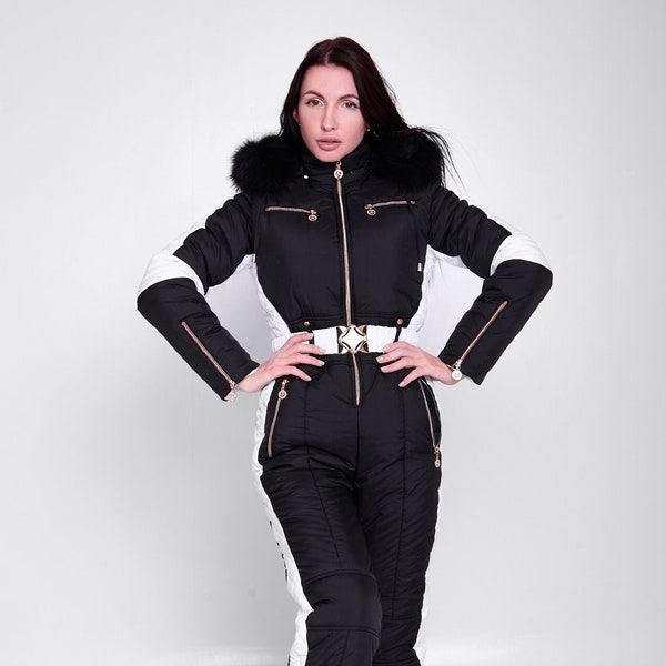 Black ski jumpsuit Warm womens monochrome snowsuit Winter outwear for women Waterproof womens one piece ski suit Gift for snowboarder