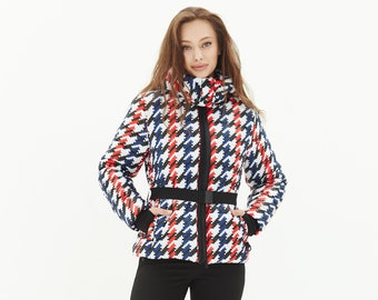 Womens ski jacket and ski pants  Color houndstooth print jacket and black pants Ski suit for women Gift for skier
