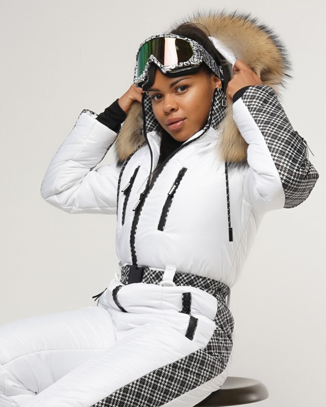 White Ski Suit With Print Womens Snowsuit Ski Jumpsuit Ski Etsy