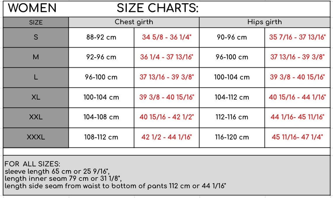 SIZE CHARTS Etsy UK