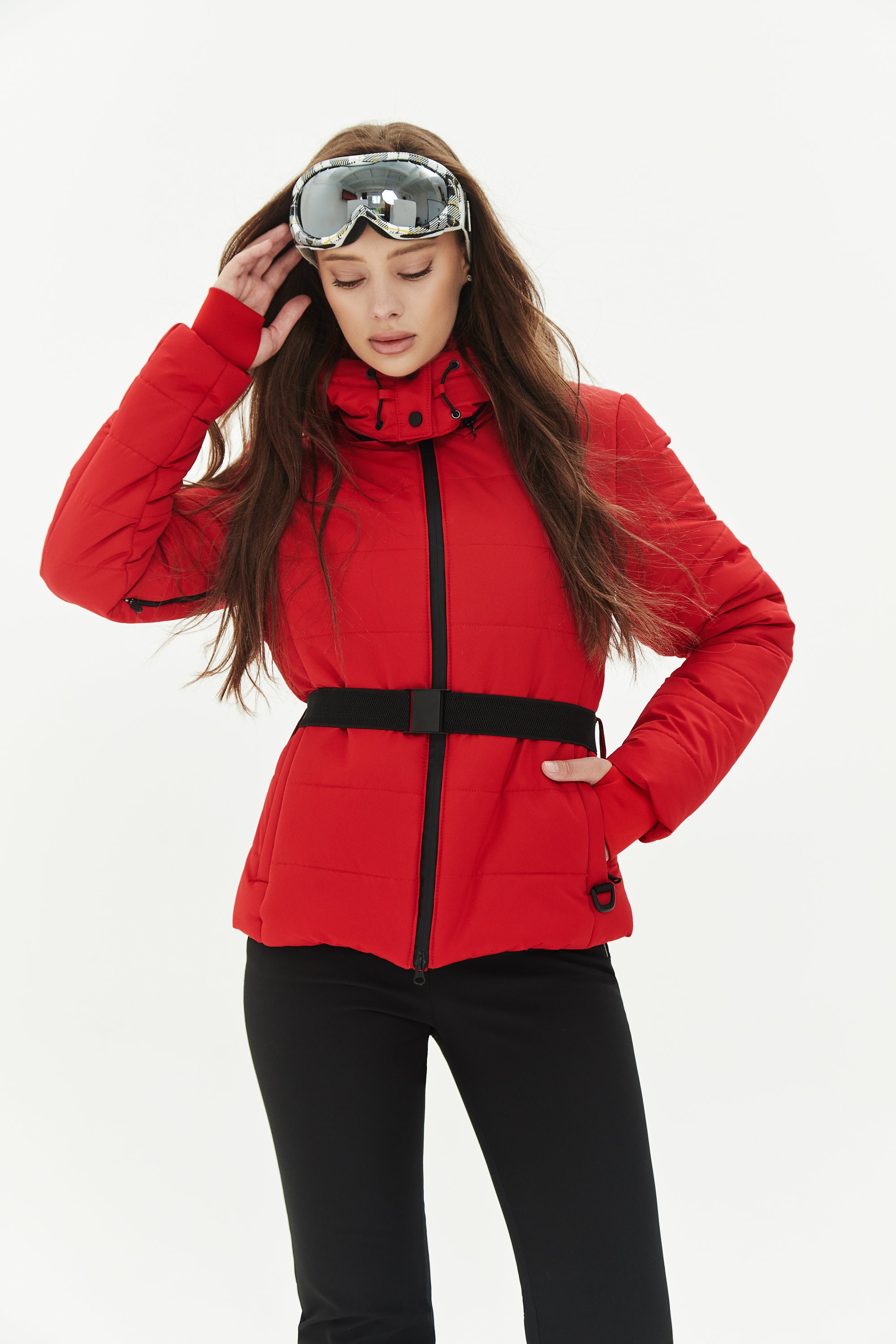 Winter Activewear Red Ski Jacket and Black Pants Two Piece Ski