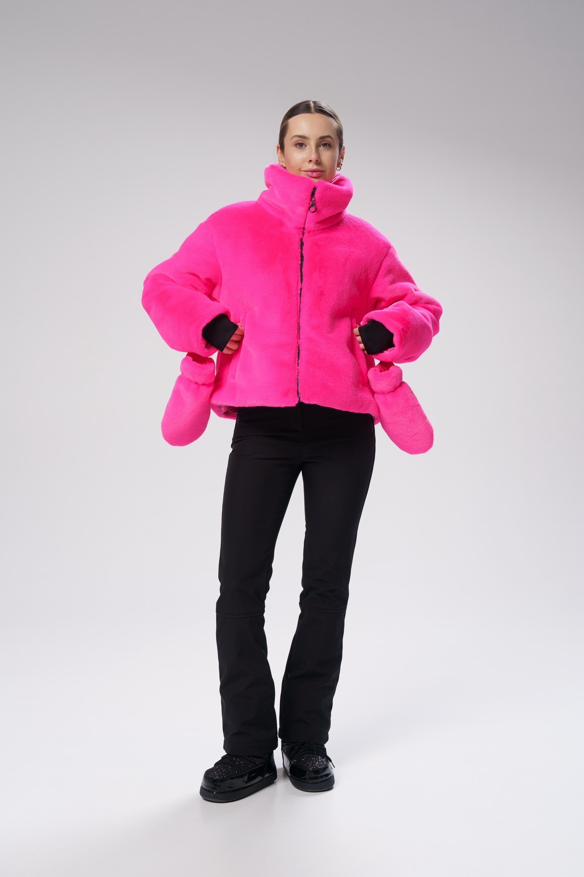 Womens ski fur jacket and pants Pink jacket and black ski pants Ski jacket and ski pants for women Black ski suit Gift for skier