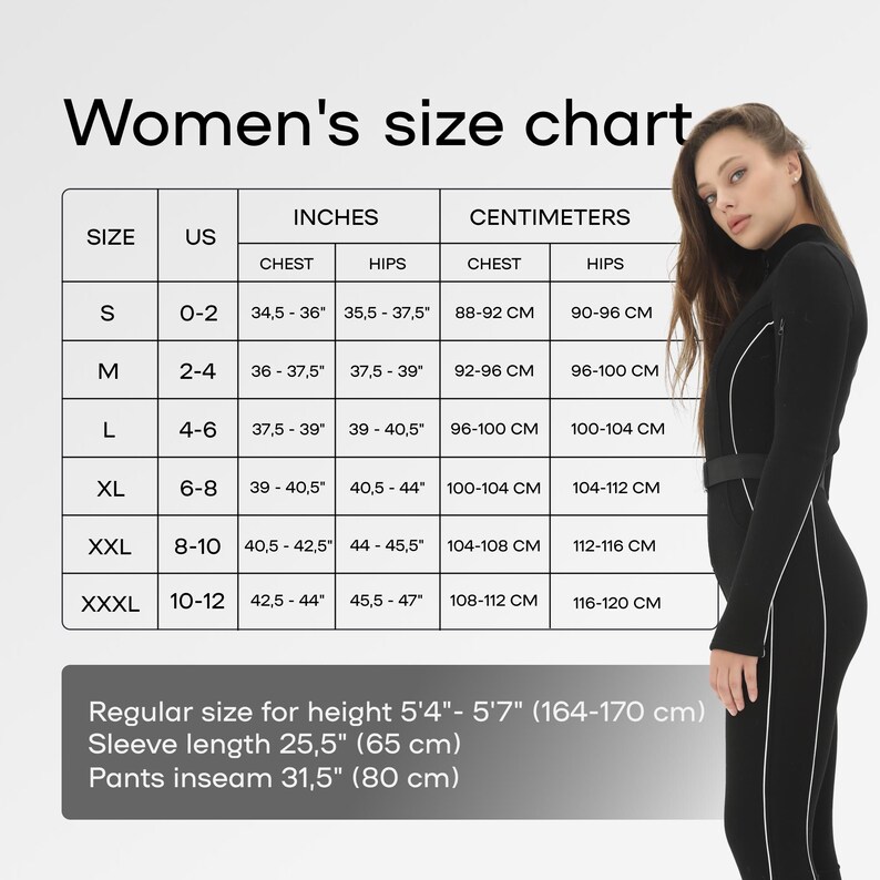 Puede incluir: Tabla de tallas de ropa de mujer, que muestra las medidas de pecho y cadera en pulgadas y cent&iacute;metros. Las tallas van de la S a la XXXL, con las tallas estadounidenses correspondientes. Incluye detalles de talla regular para la altura, la longitud de la manga (65 cm) y la entrepierna del pantal&oacute;n (80 cm).