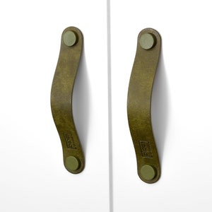 May include: Two olive green leather cabinet pulls with brass accents and the word "PICS" embossed on each.