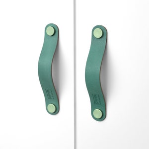 May include: Two green leather cabinet pulls with a light green button on each end. The pulls are curved and have the text "FÖRSÅG" printed on them.