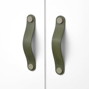 Könnte beinhalten: Zwei grüne Leder-Schrankgriffe mit silbernen Metallknöpfen. Die Griffe sind gebogen und haben den Text "RIGS" geprägt.