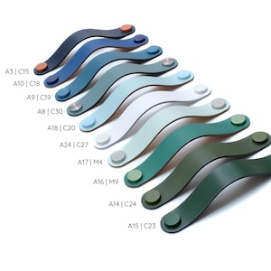 May include: A collection of ten curved cabinet handles arranged in a diagonal row, featuring various colors including dark blue, light blue, white, and shades of green. Each handle has two circular end caps with alphanumeric codes listed beside them.