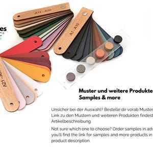 May include: Three wooden fan-style color swatch sets labeled A1-A10, A11-A20, and A21-A30, alongside a clear acrylic strip featuring six circular color samples. The text Series ARC classic, Muster und weitere Produkte Samples & more is visible.
