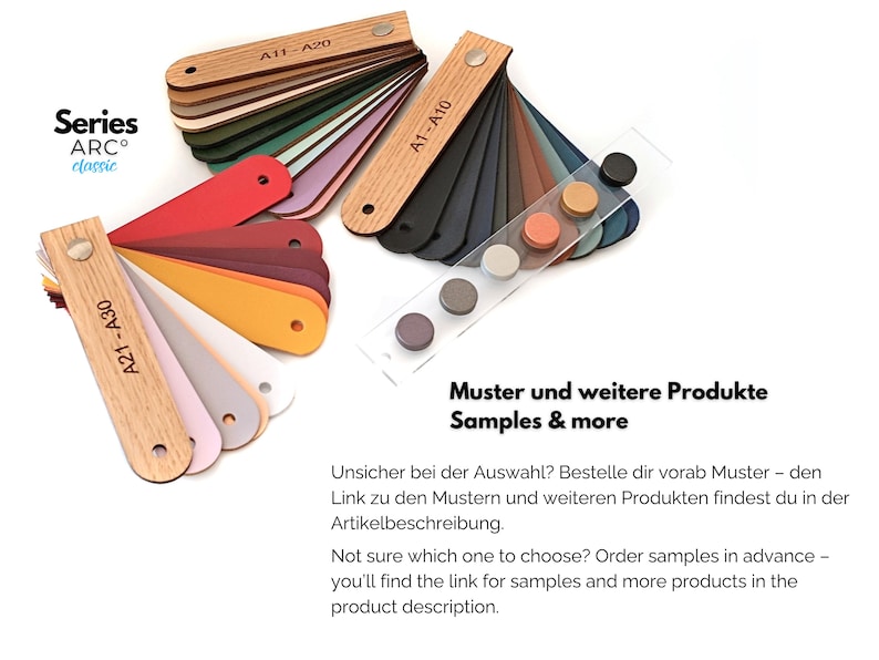 May include: Three wooden fan-style color swatch sets labeled A1-A10, A11-A20, and A21-A30, alongside a clear acrylic strip featuring six circular color samples. The text Series ARC classic, Muster und weitere Produkte Samples & more is visible.