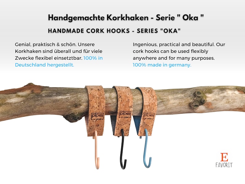 Pu&ograve; includere: Tre ganci in sughero con ganci in metallo di diversi colori. I ganci sono attaccati a un ramo e hanno la scritta "pipes" stampata su di essi. Il testo "Handgemachte Korkhaken - Serie "Oka" e "HANDMADE CORK HOOKS - SERIES "OKA" &egrave; nella parte superiore dell'immagine.
