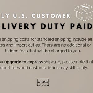 May include: A sign with the text "ONLY U.S. CUSTOMER DELIVERY DUTY PAID" and additional text about shipping costs and fees. A graphic of a box and a clock are also included.