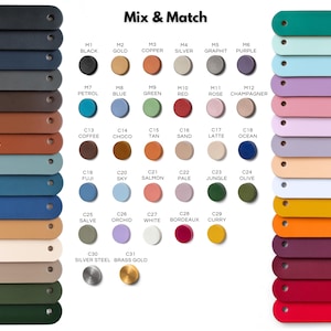 May include: A color chart titled Mix & Match featuring two vertical columns of leather-like strips labeled A1 through A30 in various shades, and a central grid of circular hardware buttons labeled M1 through M6 and C13 through C31 in metallic and matte colors.