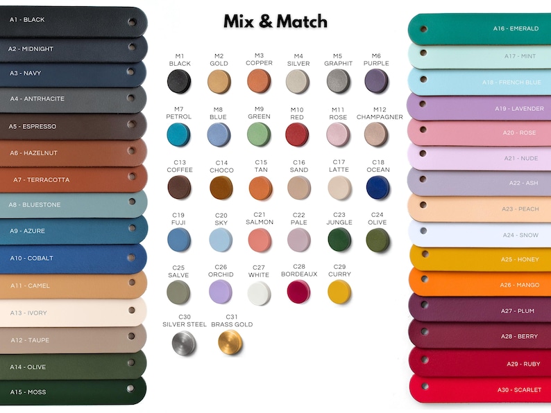May include: A color chart titled Mix & Match featuring two vertical columns of leather-like strips labeled A1 through A30 in various shades, and a central grid of circular hardware buttons labeled M1 through M6 and C13 through C31 in metallic and matte colors.