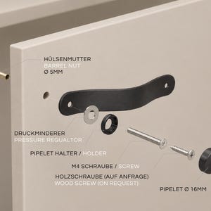 May include: An exploded view of a black cabinet handle assembly featuring a 5mm barrel nut, a pressure regulator, a holder, an M4 screw, an optional wood screw, and a 16mm pipelet cap, all displayed with labels for installation components.