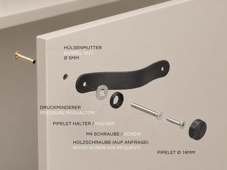 May include: An exploded view of a black cabinet handle assembly featuring a 5mm barrel nut, a pressure regulator, a holder, an M4 screw, an optional wood screw, and a 16mm pipelet cap, all displayed with labels for installation components.