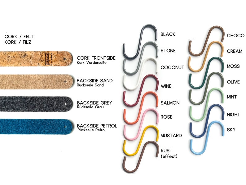 Pu&ograve; includere: Una tabella che mostra diversi colori di campioni di tessuto di sughero e feltro e ganci di metallo. I campioni di tessuto sono etichettati con le parole "Cork/Felt" e "Kork/Filz" in inglese e tedesco. I ganci sono etichettati con i colori "Nero", "Pietra", "Cocco", "Vino", "Salmone", "Rosa", "Mostarda", "Ruggine (effetto)", "Cioccolato", "Crema", "Muschio", "Oliva", "Menta", "Notte" e "Cielo".
