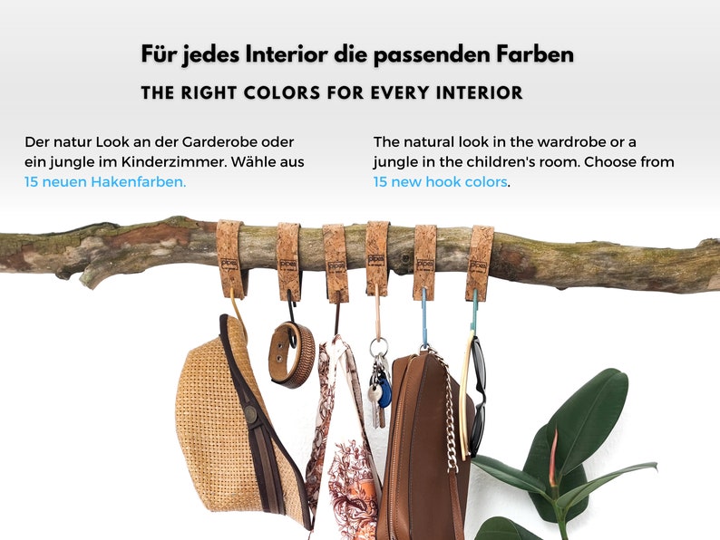 Pu&ograve; includere: Un ramo di legno con ganci rivestiti di sughero che pendono da esso. I ganci sono di vari colori, tra cui verde, blu e rosso. Il testo "I colori giusti per ogni interno" &egrave; scritto sopra il ramo.