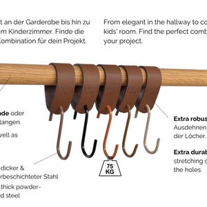 May include: A wooden rod with six brown leather loop hangers, each with a different colored metal hook. The hooks are black, orange, and various shades of brown. The image includes text about the product's features.