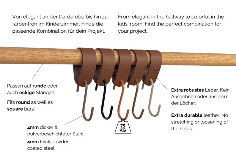 May include: A wooden rod with six brown leather loop hangers, each with a different colored metal hook. The hooks are black, orange, and various shades of brown. The image includes text about the product's features.