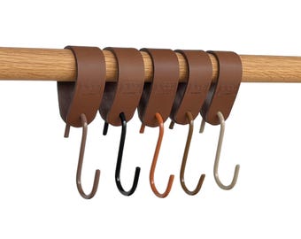 Leather S-hooks / coat hooks "Arc" / leather hook hangers for wardrobe rails / hooks for square rails / flexible clothes hooks for wardrobes