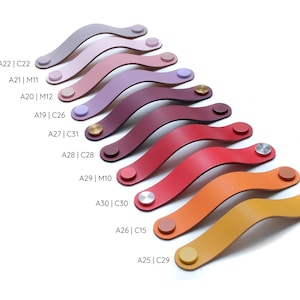 May include: A collection of curved drawer pulls in various colors including shades of purple, red, orange, and yellow. Each pull features two circular metal or matching colored fasteners. Text labels A22 | C22 through A25 | C29 are visible.