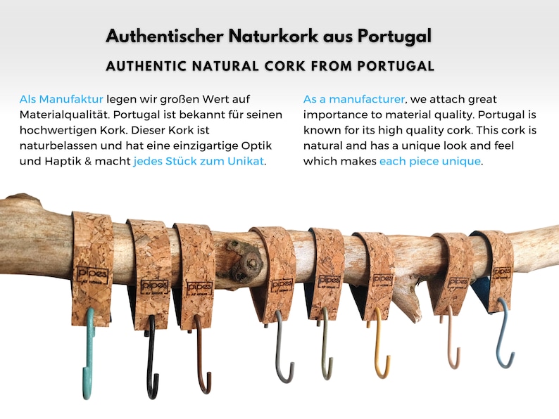 Pu&ograve; includere: Sette ganci avvolti in sughero con ganci in metallo di diversi colori appesi a un ramo. I ganci sono etichettati "pipes".