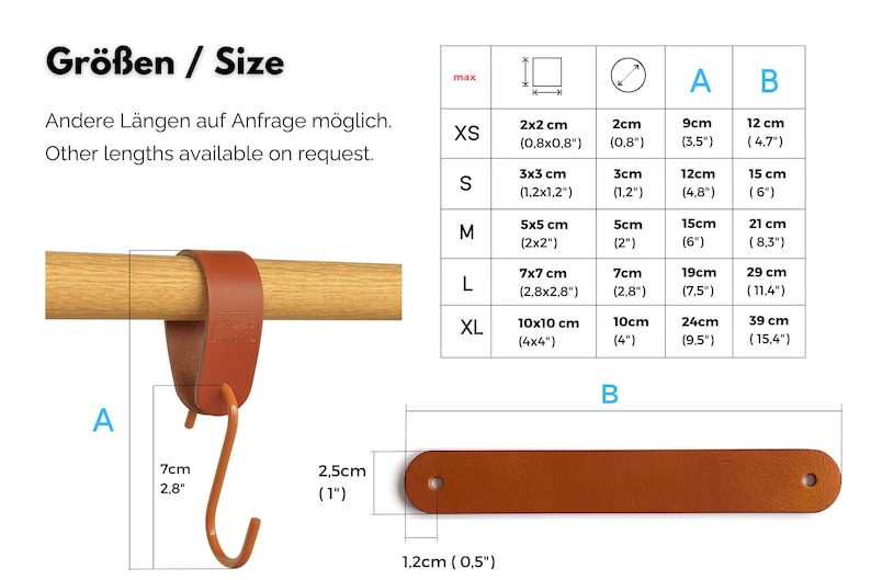 May include: A brown leather hook with an orange metal hook, shown attached to a wooden rod. The image includes a size chart with measurements in inches and centimeters, and the text "Gr&ouml;&szlig;en / Size". The hook is 2.8 inches (7cm) long.