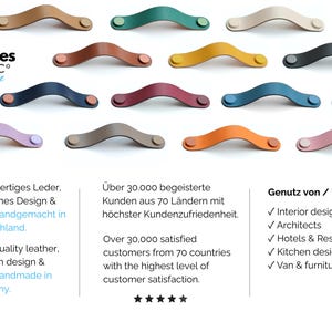 May include: A collection of arched leather cabinet handles in various colors including tan, yellow, blue, red, and grey, each featuring two circular metal fasteners. The text Series ARC classic is visible along with information about the product.