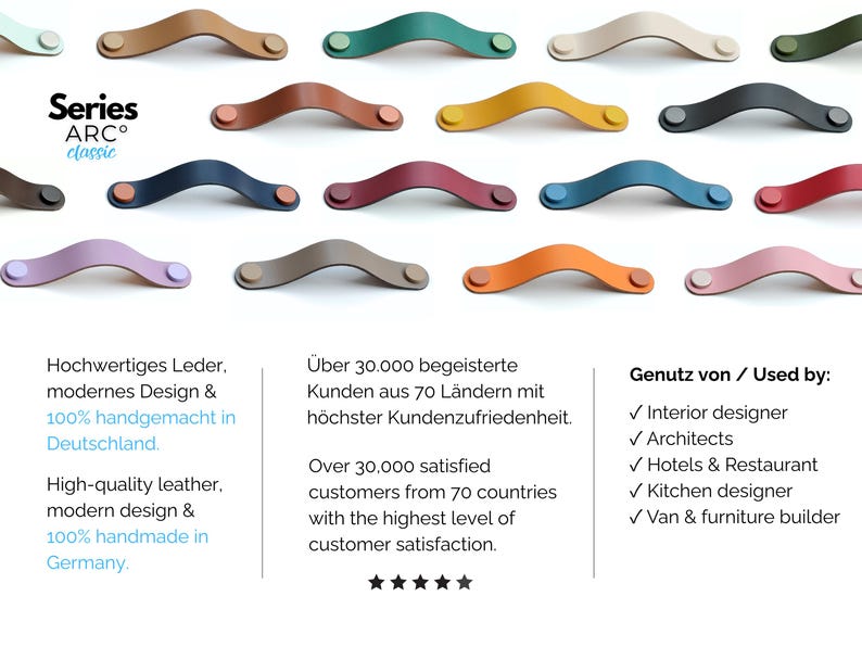 May include: A collection of arched leather cabinet handles in various colors including tan, yellow, blue, red, and grey, each featuring two circular metal fasteners. The text Series ARC classic is visible along with information about the product.