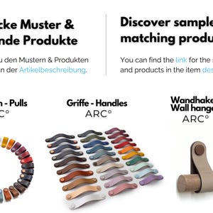 May include: Image showcasing a variety of samples and matching products. Features include colorful pulls, handles, and wall hangers. Text includes "Discover samples & matching products" and "You can find the link for the samples and products in the item description."