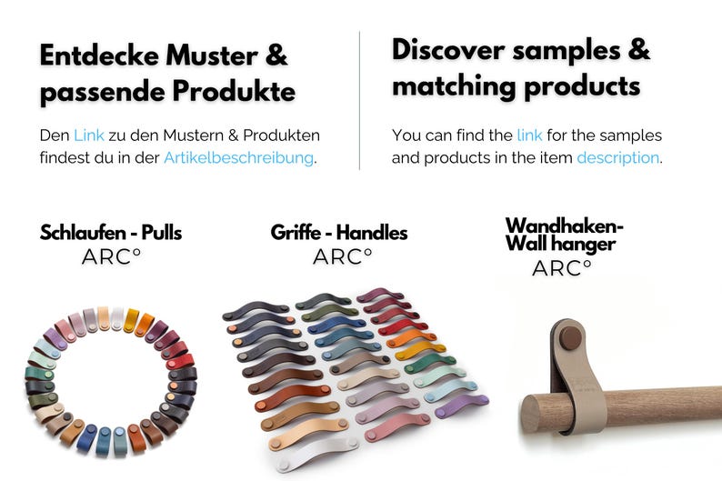 May include: Image showcasing a variety of samples and matching products. Features include colorful pulls, handles, and wall hangers. Text includes "Discover samples & matching products" and "You can find the link for the samples and products in the item description."