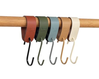 Leather S-hooks - Coat hooks, "Arc" series, leather hooks, hangers, wardrobe rail hooks, square rail hooks, clothes hooks, flexible hooks, wardrobe