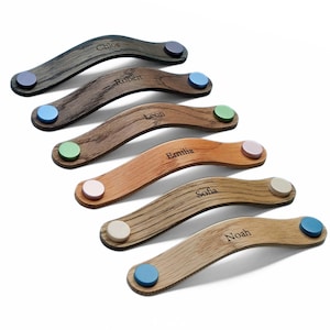 Personalized wooden handle - [ROC] series, furniture handle for children's room, wood & leather with engraving, suitable for all furniture, cabinet handle in oak and walnut