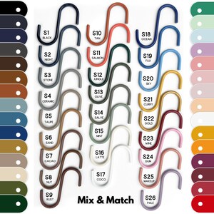 May include: A product display featuring a variety of S-shaped hooks in an array of colors. The hooks are arranged in rows, with each hook labeled with a color name and a corresponding color swatch. The text "Mix & Match" is also present.