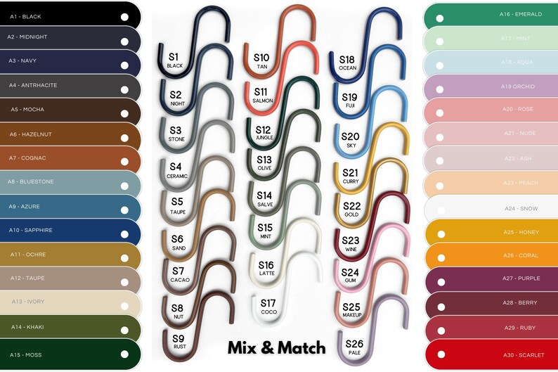 May include: A product display featuring a variety of S-shaped hooks in an array of colors. The hooks are arranged in rows, with each hook labeled with a color name and a corresponding color swatch. The text "Mix & Match" is also present.
