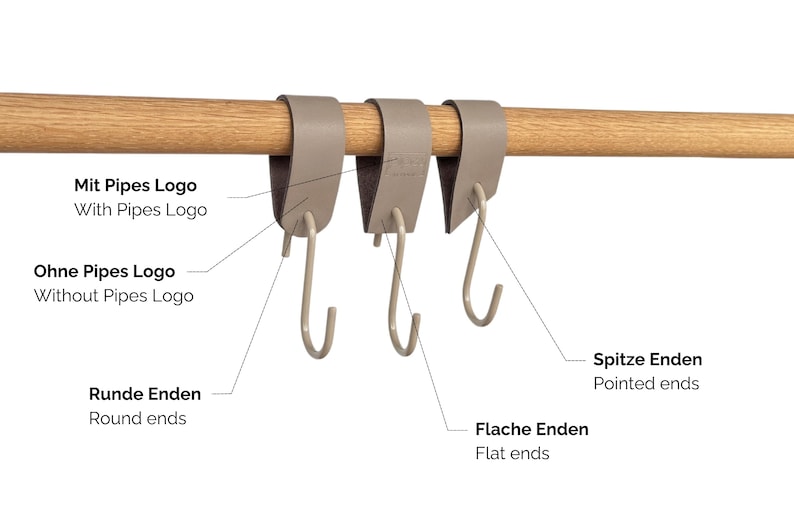 May include: Three taupe-colored, S-shaped hooks suspended from a wooden rod. The hooks are designed to hang items. The image includes text labels in German and English, indicating different hook features.