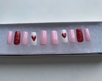 images Long Valentine's Day Acrylic Nails Pink And Red valentines day nails etsy