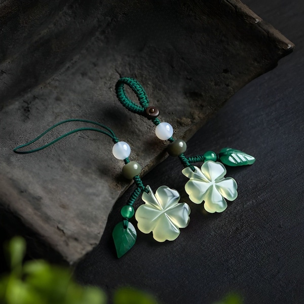 Lucky Jade Four-Leaf Clover Keychain | Handmade Phone Charm | Serpentine Jade, Quartz, Bodhi Bead, Chalcedony | Hope Faith Love Luck Gift