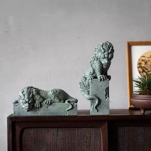 Crouching & Laying Dragon Statues – Feng Shui Sandstone Decor | Chinese Guardian Figurines | Handmade Rustic Oriental Sculpture