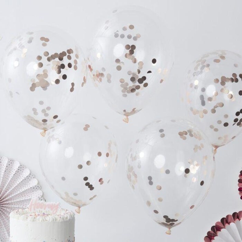 Rose Gold Balloon Bouquet, 5 Rose Gold Confetti Balloons