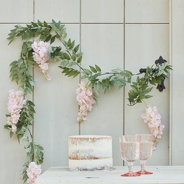 Blush Pink and Green Wisteria Foliage Garland, Rustic Wedding Decor, Boho Wedding Greenery