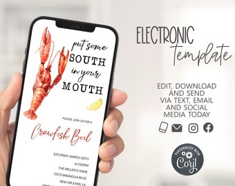 May include: A digital invitation to a crawfish boil. The invitation features a watercolour illustration of a crawfish and a slice of lemon. The text on the invitation reads "put some SOUTH in your MOUTH" and "PLEASE JOIN US FOR A Crawfish Boil". The invitation also includes the date, time, location, and RSVP information.