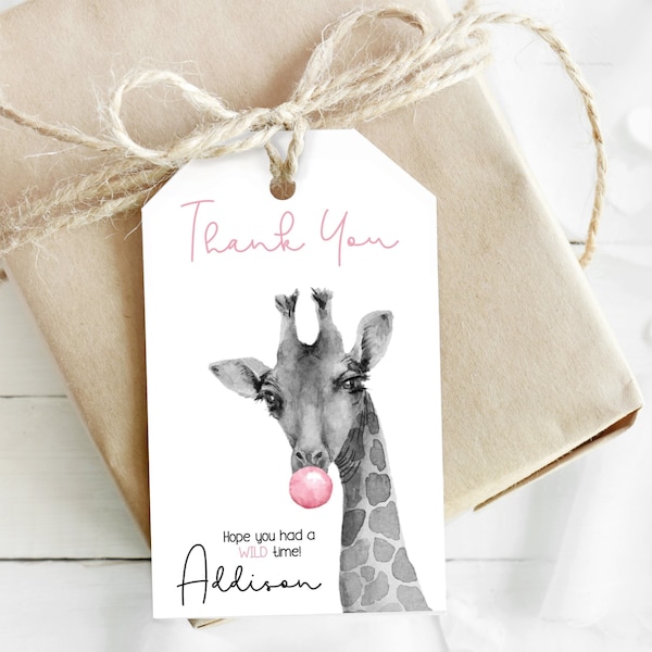 Editable Giraffe Party Favor Tags Wild One Animals Thank You Tags Safari Zoo Girl Birthday Wild Time Gift Tag Digital Corjl Template