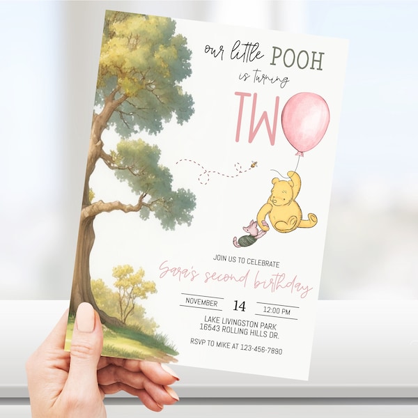 EDITABLE Classic Winnie the Pooh Birthday Invitation - Pooh is turning TWO Birthday Invitation - Second Birthday Invite, Instant Download