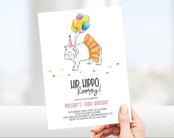 Editable Hip Hippo Hooray Birthday Invitation Party Birthday - Etsy