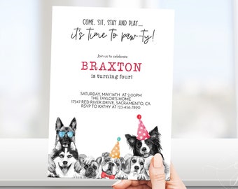 Invitación editable a fiesta de cumpleaños de perro, fiesta de cachorros de acuarela, cumpleaños temático de perro, plantilla imprimible de Corjl de descarga instantánea