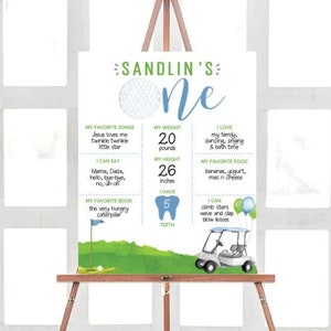 Scheda miliare modificabile del primo compleanno del golf, poster del primo compleanno del golf. Tabellone per il primo compleanno. Download istantaneo